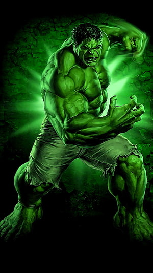 Hulk in a Fierce Combat Stance with Glowing Green Energy and Tattered Pants HD phone wallpaper
