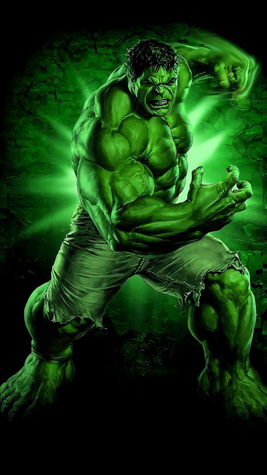 Hulk in a Fierce Combat Stance with Glowing Green Energy and Tattered Pants HD phone wallpaper