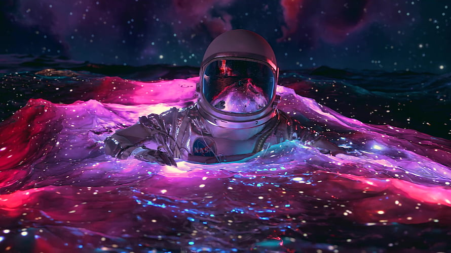 Astronaut Floating in Vibrant Cosmic Nebula with Starry Background HD wallpaper