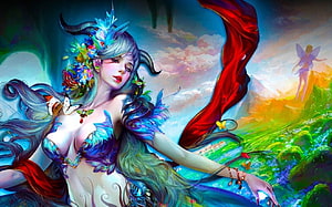 Fantasy Woman With Horns And Floral Crown In Vibrant Digital Art HD wallpaper
