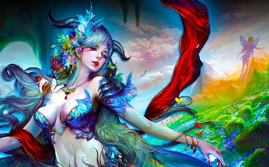 Fantasy Woman With Horns And Floral Crown In Vibrant Digital Art HD wallpaper
