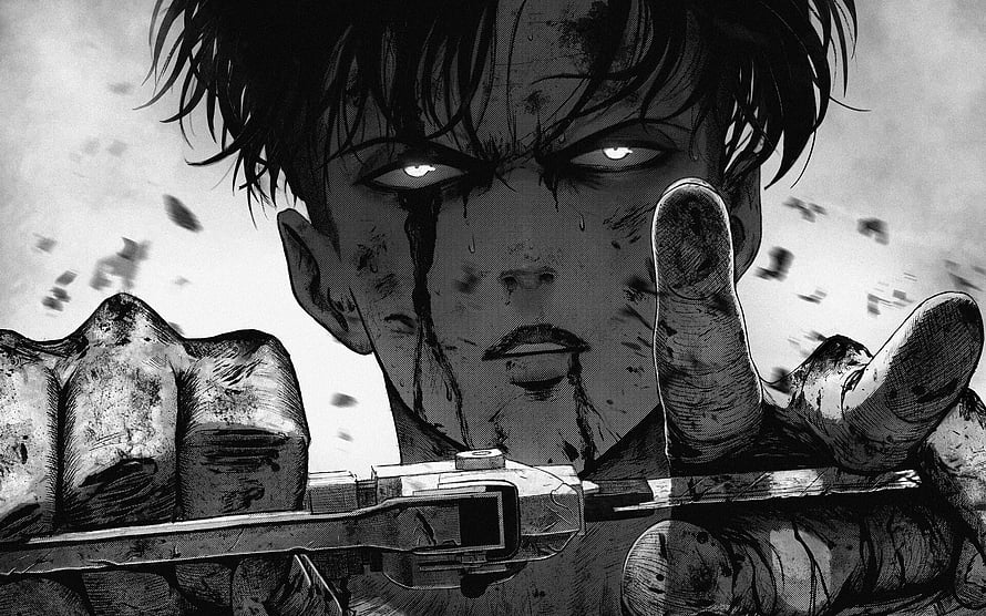 Levi Ackerman gripping ODM gear in gritty black and white Attack on Titan manga artwork HD wallpaper