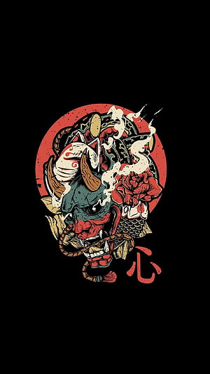 Japanese Oni Demon Mask with Koi Fish and Peony in Traditional Tattoo Style HD phone wallpaper