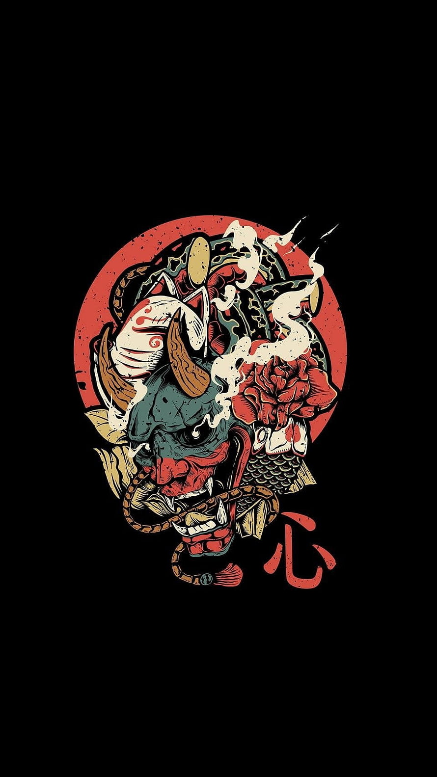 Japanese Oni Demon Mask with Koi Fish and Peony in Traditional Tattoo Style HD phone wallpaper