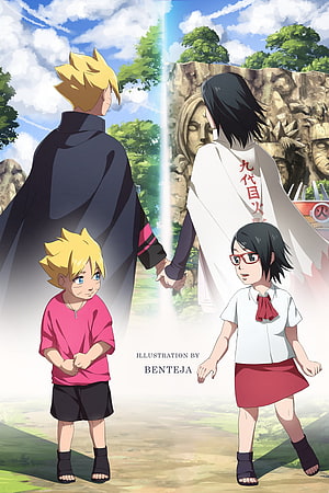 Boruto and Sarada Family Portrait with Naruto and Hinata in the Hidden Leaf Village HD phone wallpaper