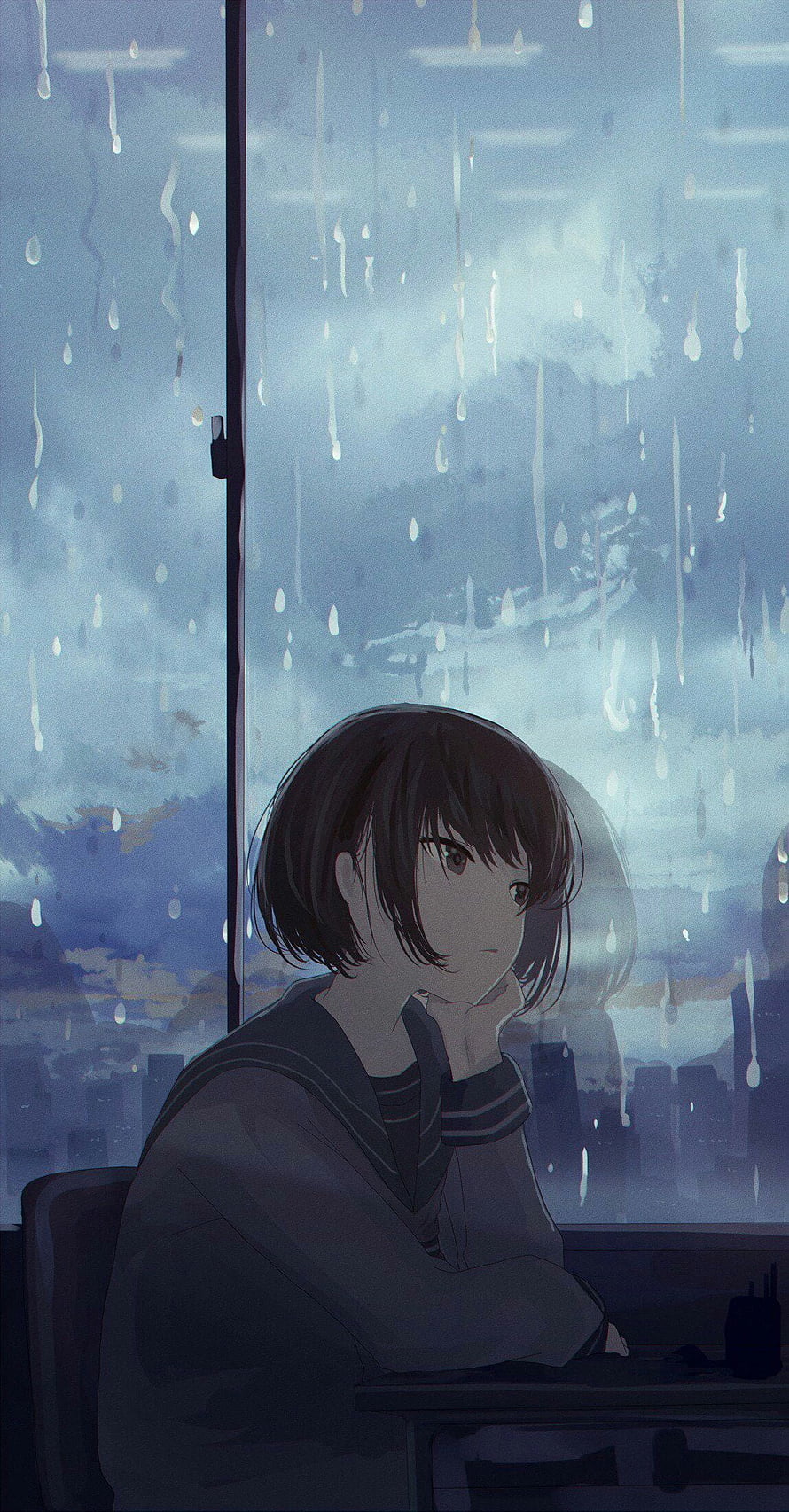 Melancholic Anime Girl Gazing Out Rainy Window at Dusk HD phone wallpaper