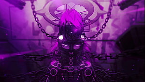 Dark Purple Anime Girl in Mechanical Armor with Glowing Chains and Halo HD wallpaper