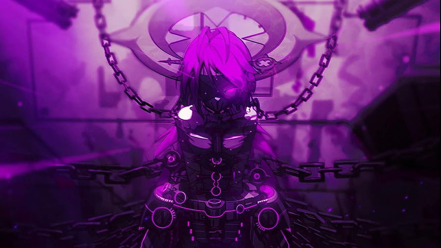 Dark Purple Anime Girl in Mechanical Armor with Glowing Chains and Halo HD wallpaper