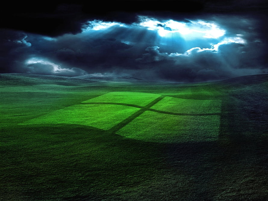Windows XP Bliss Landscape with Dramatic Stormy Sky and Sunbeams HD wallpaper