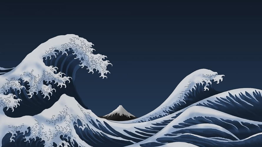 Stylized Japanese Wave Art with Mount Fuji in the Distance HD wallpaper