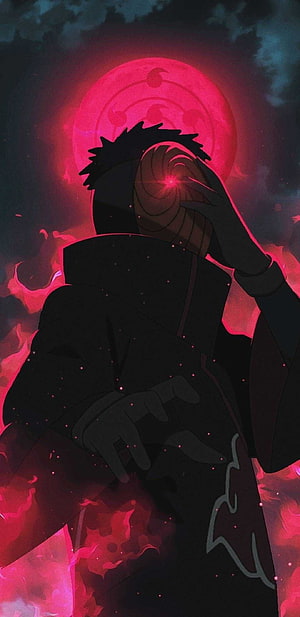 Obito Uchiha Sharingan Activation with Crimson Moon and Dark Chakra Aura HD phone wallpaper