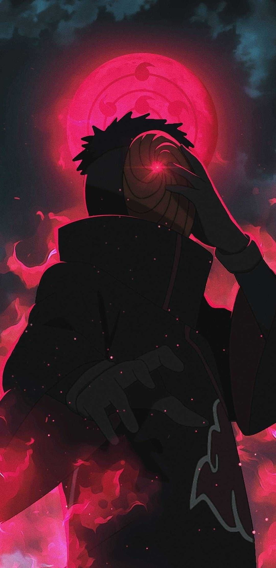 Obito Uchiha Sharingan Activation with Crimson Moon and Dark Chakra Aura HD phone wallpaper