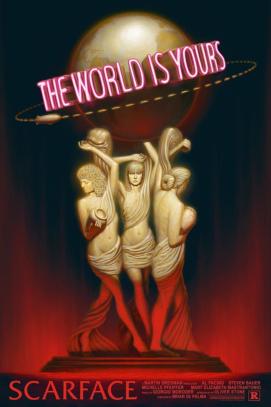 Scarface The World Is Yours Movie Poster with Classical Statue and Neon Globe HD phone wallpaper