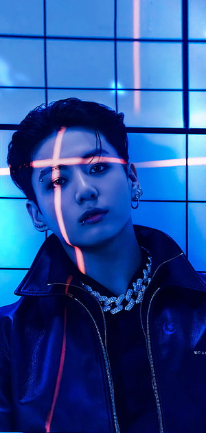 Jungkook BTS Portrait in Blue Neon Light with Leather Jacket and Diamond Chain HD phone wallpaper