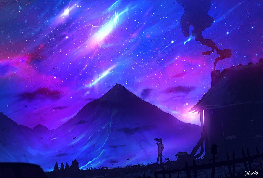 Vibrant Purple and Blue Night Sky with Aurora, Mountain Silhouette, and Lone Figure HD wallpaper