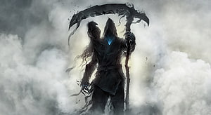 Grim Reaper with Raven and Scythe in Dark Fantasy Mist HD wallpaper