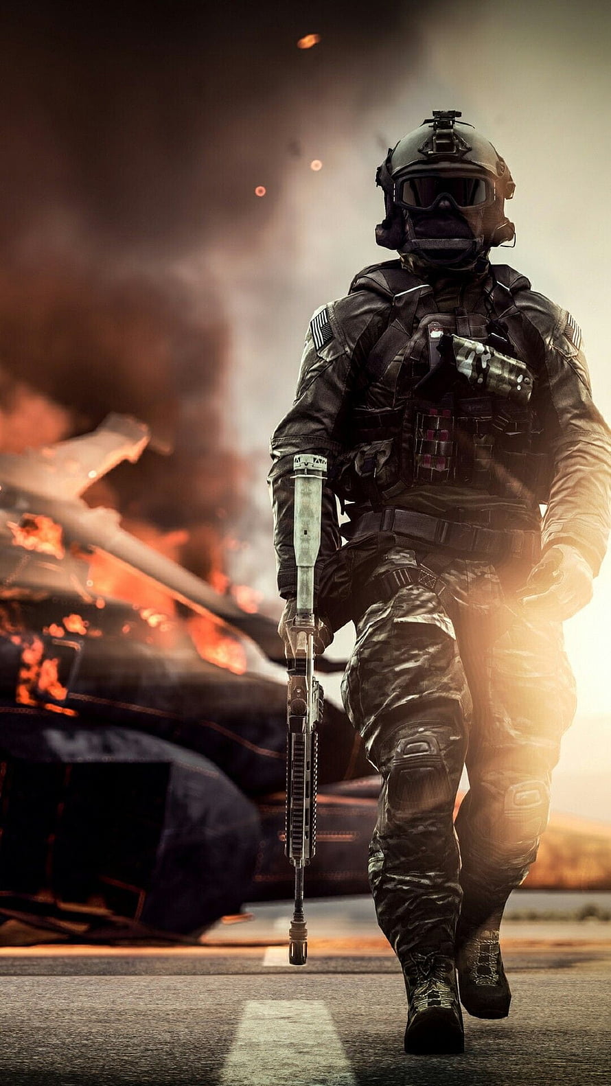 Tactical Soldier Walking Through Battlefield Fire and Smoke HD phone wallpaper