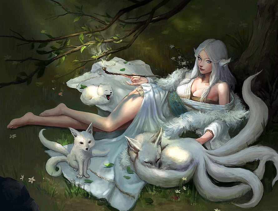 Ahri the Nine-Tailed Fox Spirit Resting in a Forest with White Fox Cubs HD wallpaper