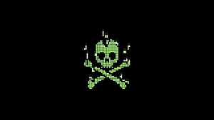 Green Pixelated Skull and Crossbones on Black Background HD wallpaper