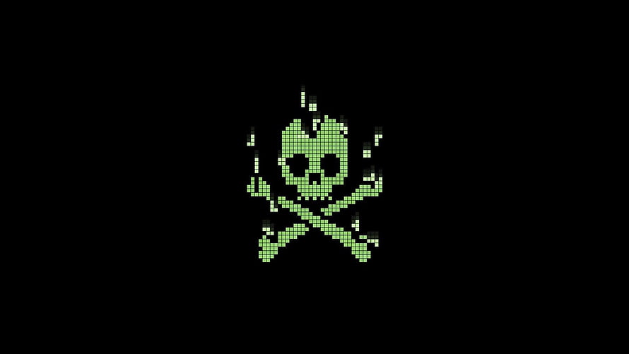 Green Pixelated Skull and Crossbones on Black Background HD wallpaper