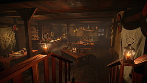 Dimly Lit Medieval Tavern Interior With Wooden Tables And Hanging Lanterns HD wallpaper