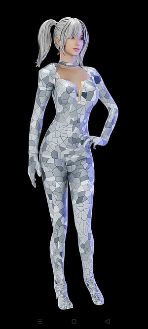 3D Rendered Female Character in Geometric Mosaic Bodysuit with Silver Ponytail HD phone wallpaper