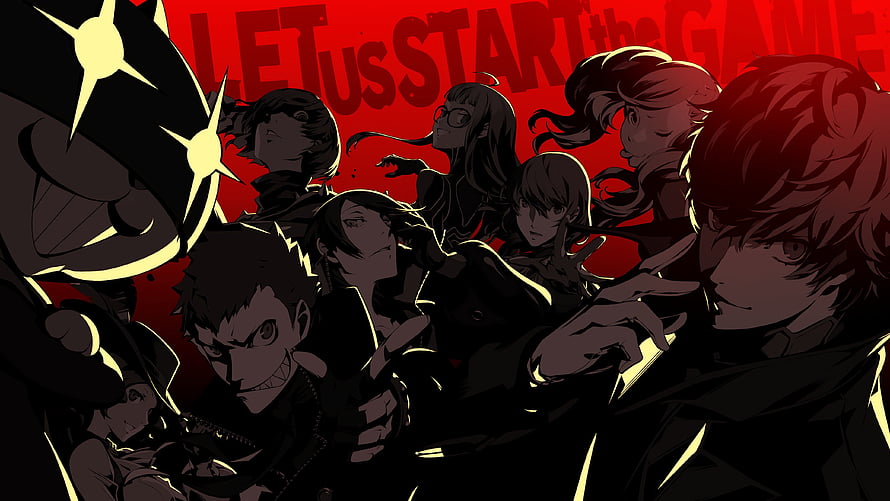 Persona 5 Phantom Thieves Group Artwork with Joker and Morgana in Dark Red Style HD wallpaper