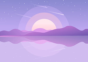 Dreamy Lavender Sunset Over Calm Water with Shooting Stars and Rolling Hills HD wallpaper