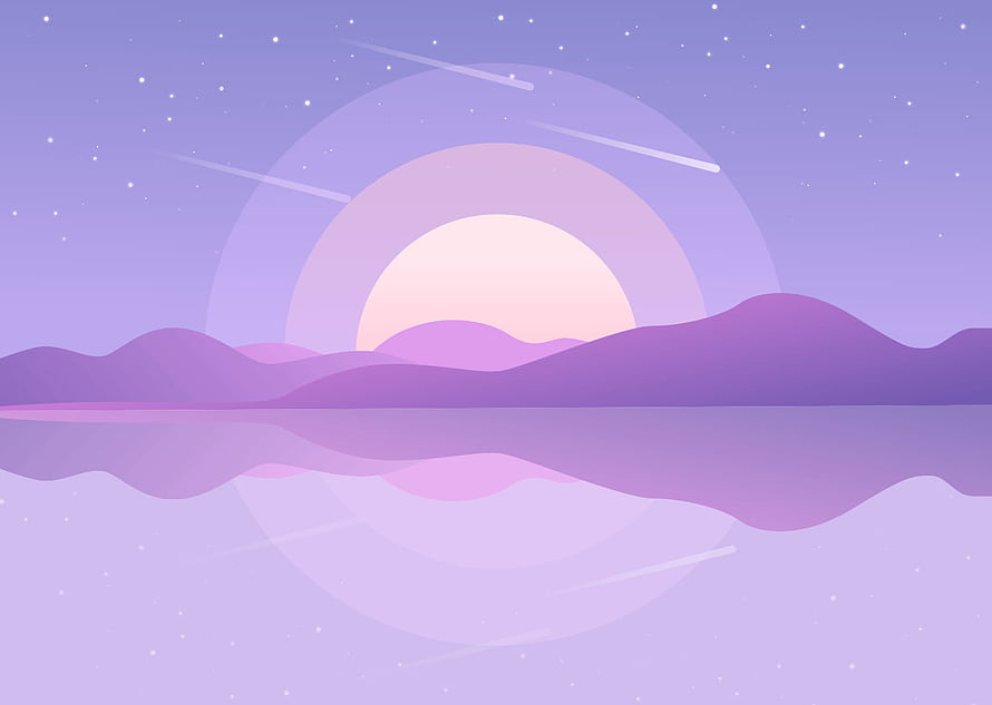 Dreamy Lavender Sunset Over Calm Water with Shooting Stars and Rolling Hills HD wallpaper