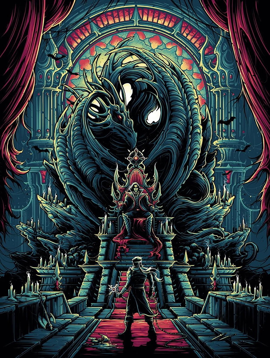 Castlevania Dracula Throne Scene with Artrichter Belmont and Dan Mumford Style HD phone wallpaper