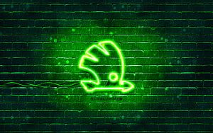 Skoda Green Neon Logo on Dark Brick Wall with Rain and Glow Effect HD wallpaper