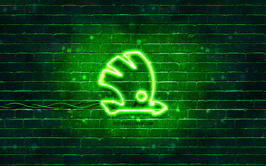 Skoda Green Neon Logo on Dark Brick Wall with Rain and Glow Effect HD wallpaper