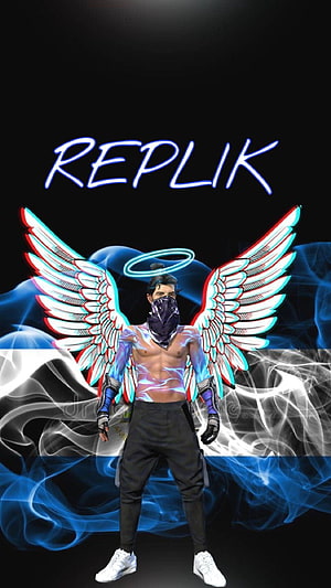Replik Character with Angel Wings and Halo in Neon Blue Smoke HD phone wallpaper