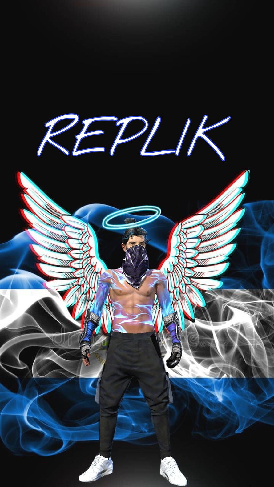 Replik Character with Angel Wings and Halo in Neon Blue Smoke HD phone wallpaper