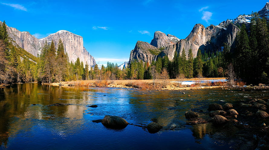 Yosemite Valley River Landscape with Granite Cliffs and Pine Forest HD wallpaper