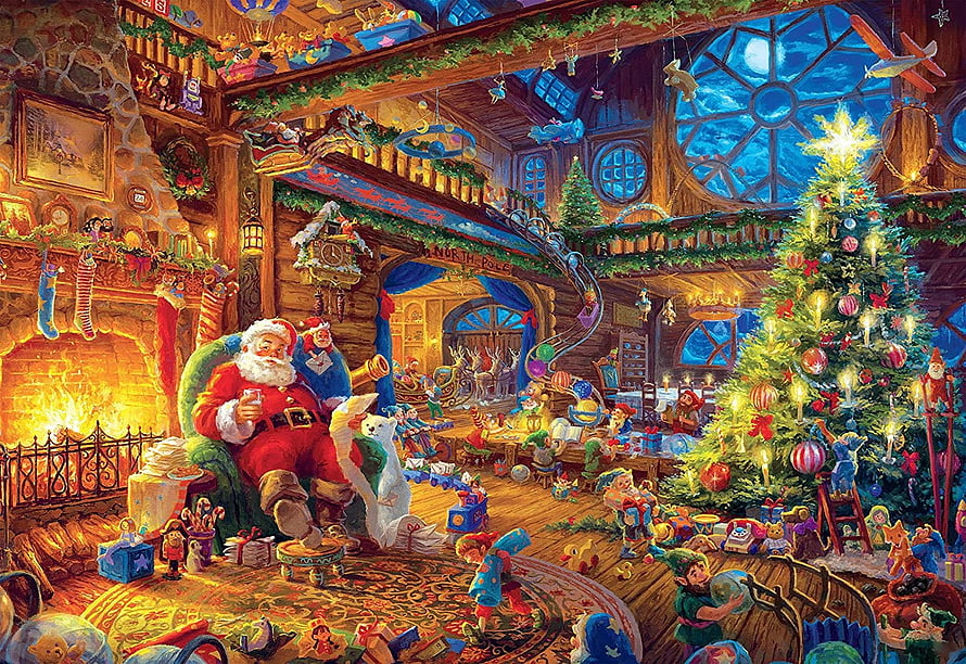 Santa Claus in a Cozy Christmas Workshop with Elves and a Decorated Tree HD wallpaper