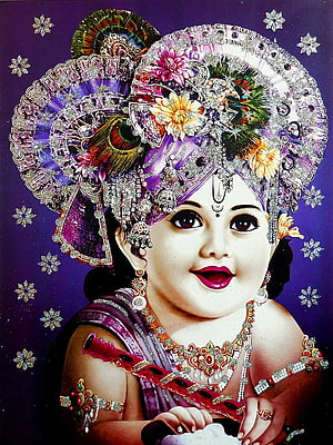 Bal Gopal Portrait in Ornate Traditional Indian Attire with Elaborate Headdress and Jewelry HD phone wallpaper