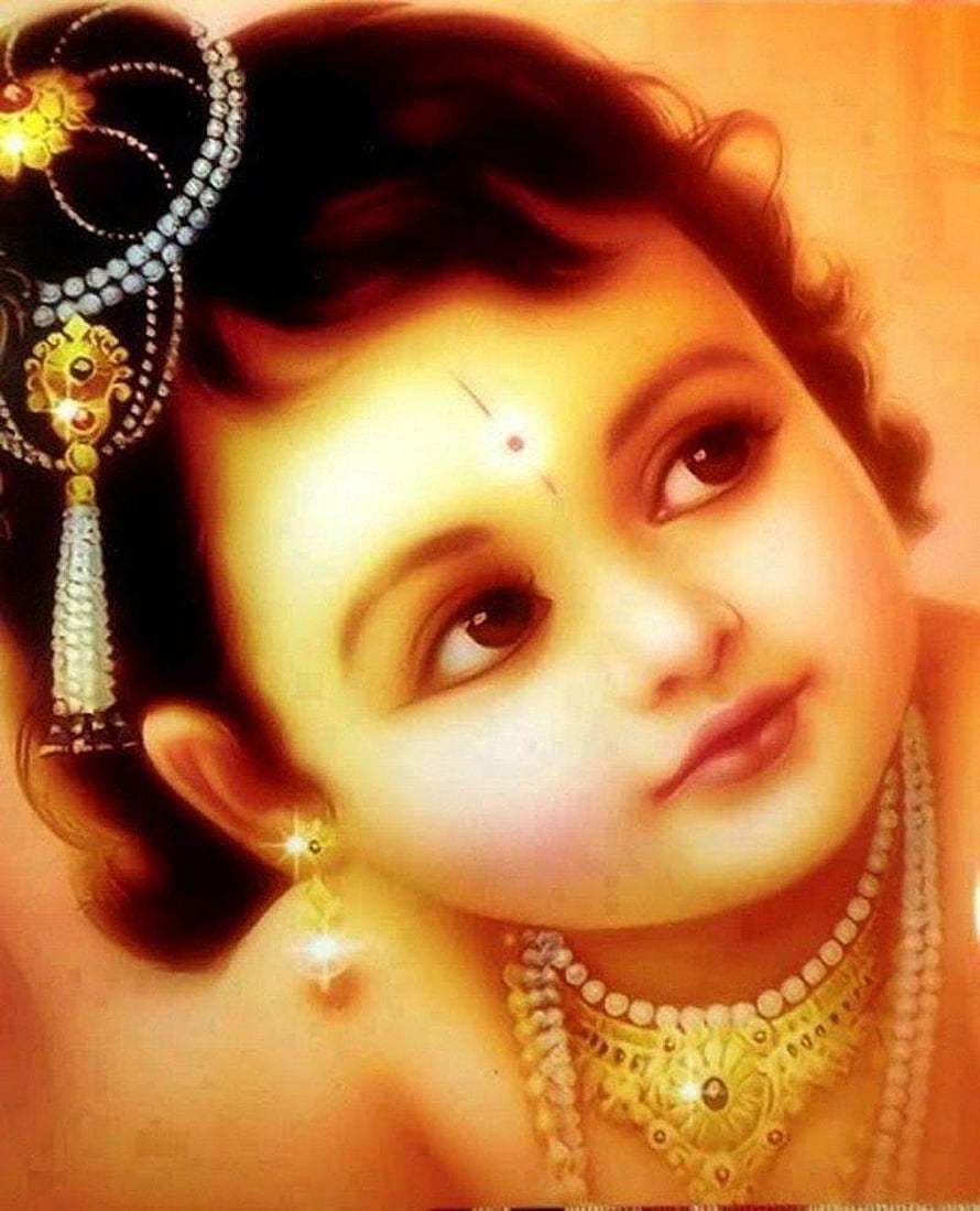 Little Krishna Portrait with Traditional Indian Jewelry and Ornate Hairpiece HD phone wallpaper