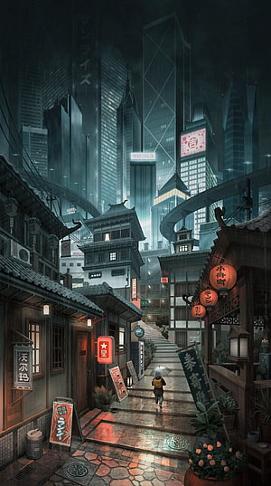 Moody Japanese Alleyway at Night with Traditional Lanterns and Towering Skyscrapers HD phone wallpaper