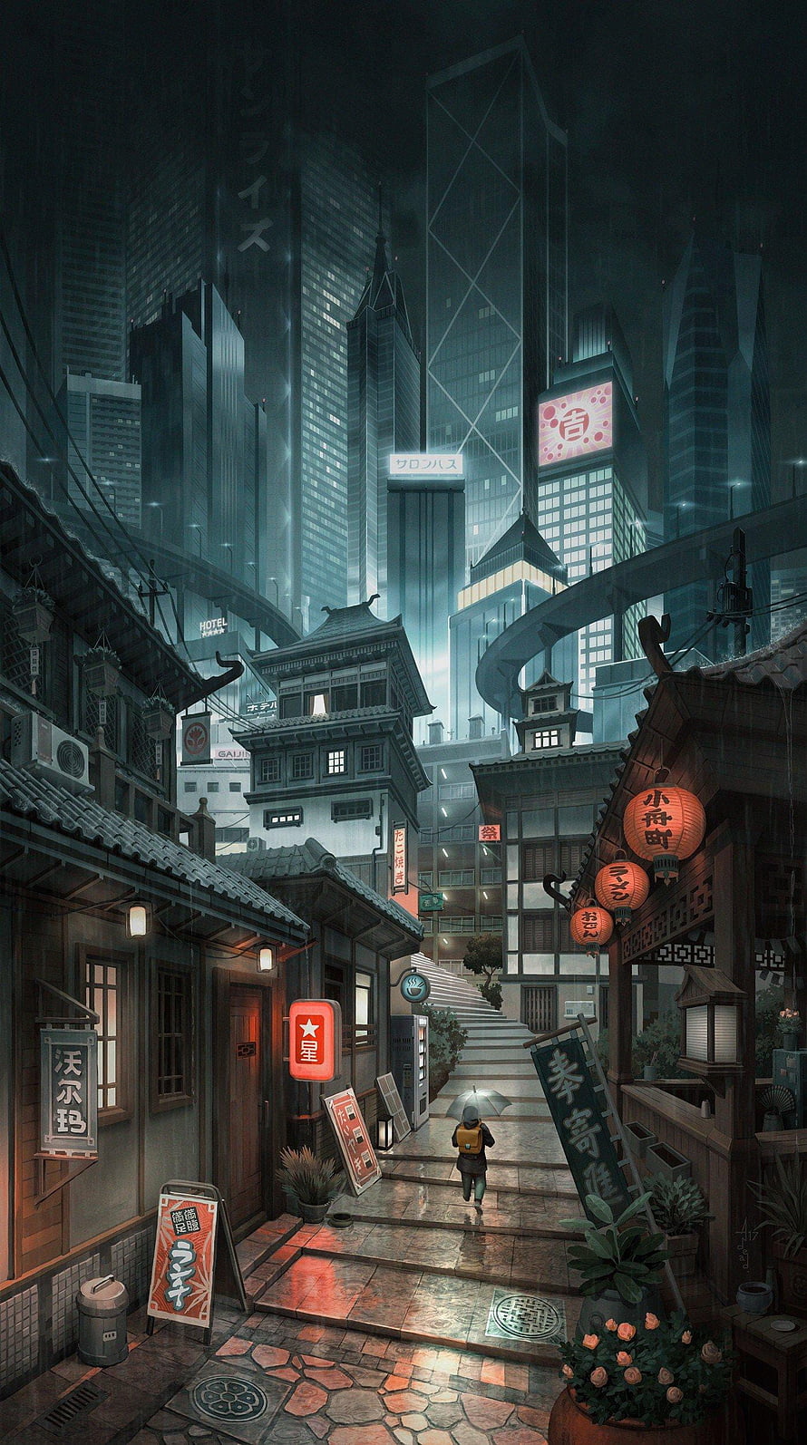 Moody Japanese Alleyway at Night with Traditional Lanterns and Towering Skyscrapers HD phone wallpaper