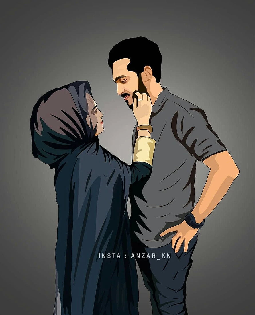 Intimate Islamic Couple Digital Illustration in Modern Style HD phone wallpaper