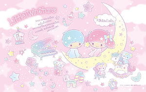 Little Twin Stars Kiki and Lala Sitting on Crescent Moon with Pastel Stars and Clouds HD wallpaper