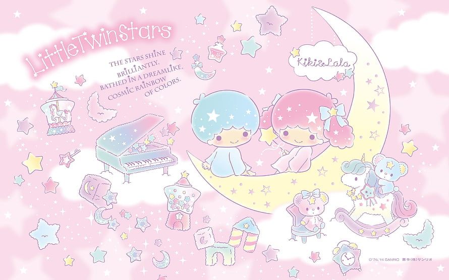 Little Twin Stars Kiki and Lala Sitting on Crescent Moon with Pastel Stars and Clouds HD wallpaper