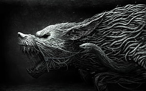Monochromatic Wolf Head Sculpture Made of Twisted Fibers and Ropes HD wallpaper