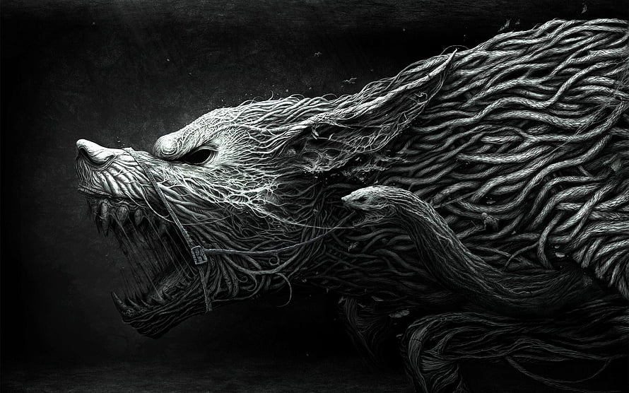 Monochromatic Wolf Head Sculpture Made of Twisted Fibers and Ropes HD wallpaper