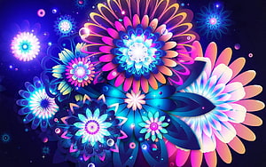 Vibrant Neon Floral Mandala Art with Glowing Petals and Cosmic Blue Background HD wallpaper
