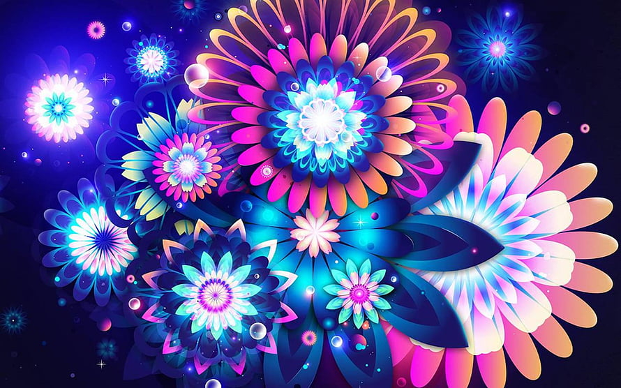 Vibrant Neon Floral Mandala Art with Glowing Petals and Cosmic Blue Background HD wallpaper