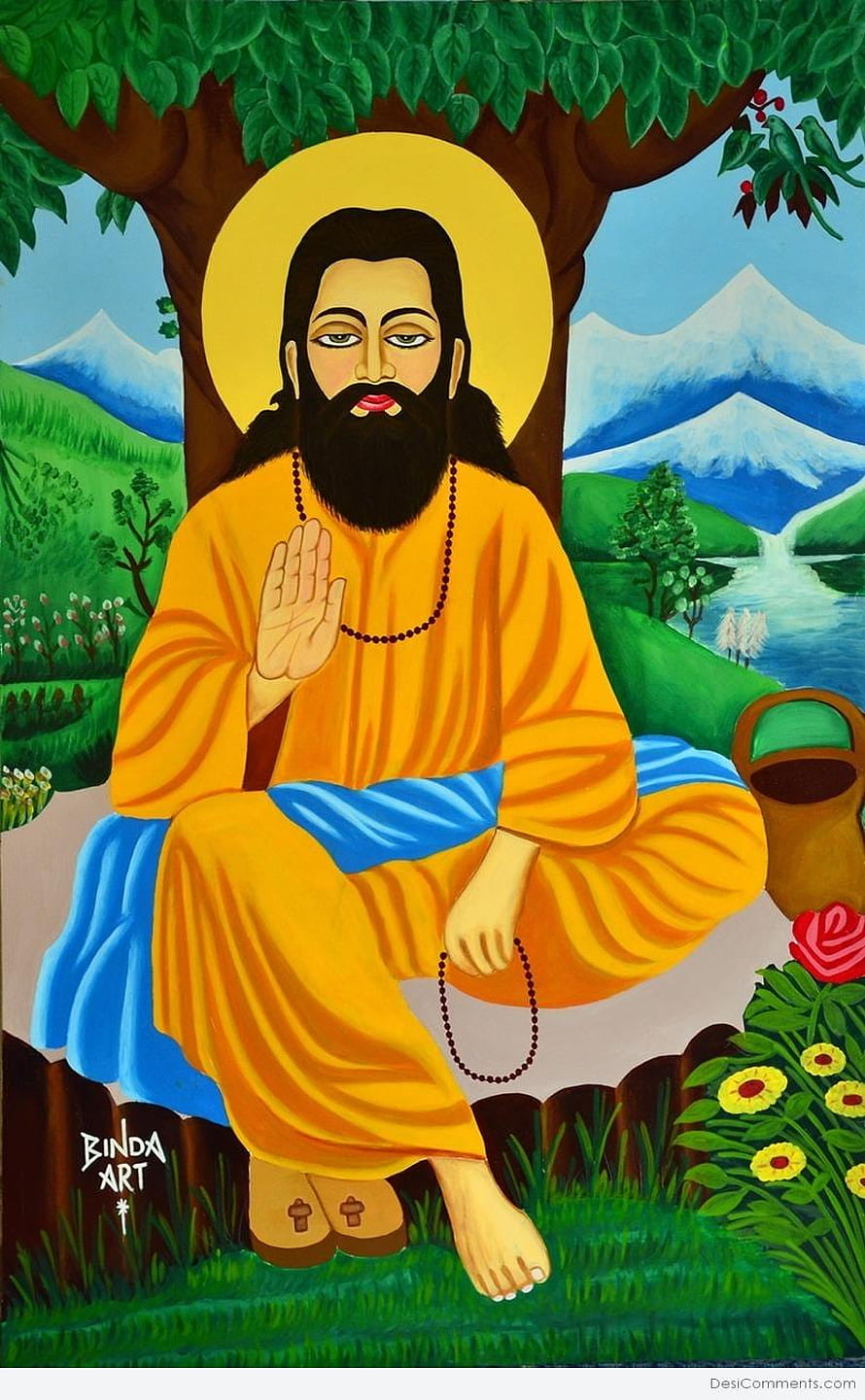 Guru Ravidas seated in meditation under a tree with halo and prayer beads HD phone wallpaper