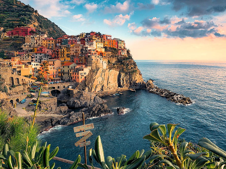 Cinque Terre Coastal Village Perched on Dramatic Mediterranean Cliffs at Golden Hour HD wallpaper