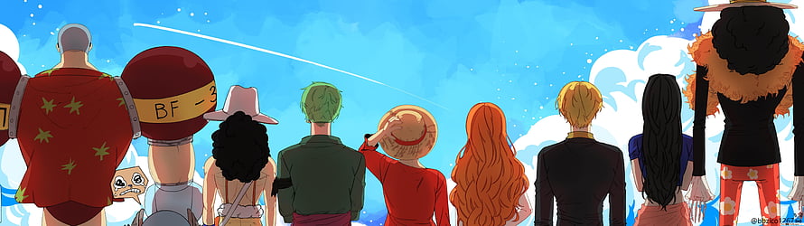 One Piece Straw Hat Pirates Watching a Shooting Star in a Bright Blue Sky HD wallpaper